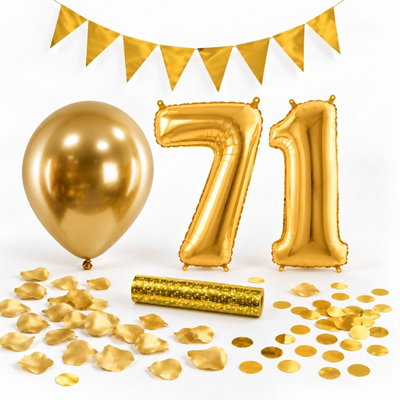 71-års festpaket, Guld, Stor – paketets dekorationer på vit bakgrund