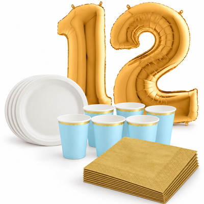 12-årskalas, Ljusblått och guld, kalaspaket, 6 gäster – samlat paketinnehåll