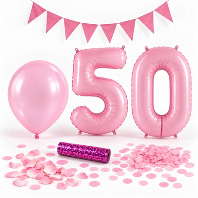 50-års festpaket, Rosa, Stor – paketets dekorationer på vit bakgrund