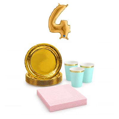 4-årskalas, Mint, rosa och guld, kalaspaket, 6 gäster – sammansatt bild av paketets produkter