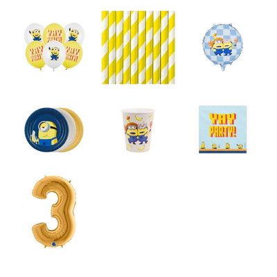 3-årskalas, Minioner, kalaspaket, 6 gäster – paketets produkter med sifferballong 100 cm