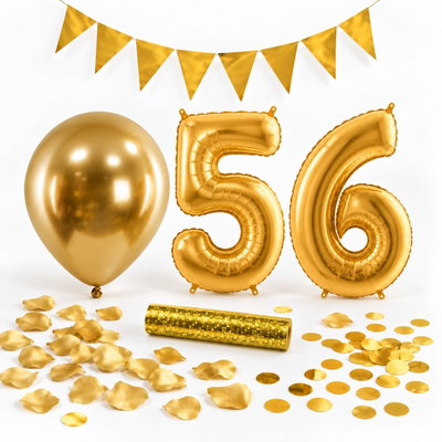 56-års festpaket, Guld, Stor – paketets dekorationer på vit bakgrund