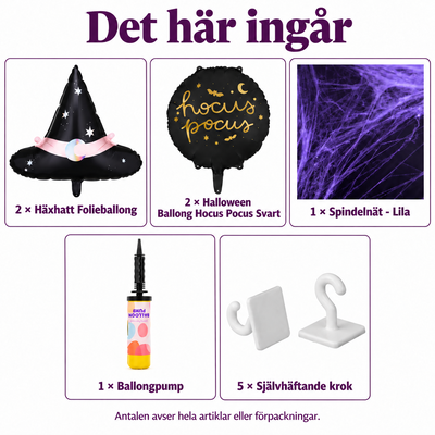 Det här ingår: Häxans hörn – hattballonger, månar och lila väv