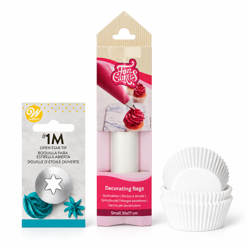 Verktygspaket med Wilton 1M-tyll, FunCakes spritspåsar och vita muffinsformar