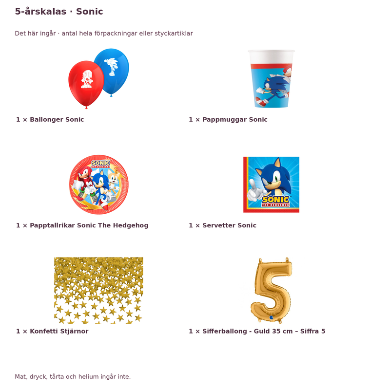 5-årskalas, Sonic, kalaspaket, 8 gäster – innehåll och antal förpackningar