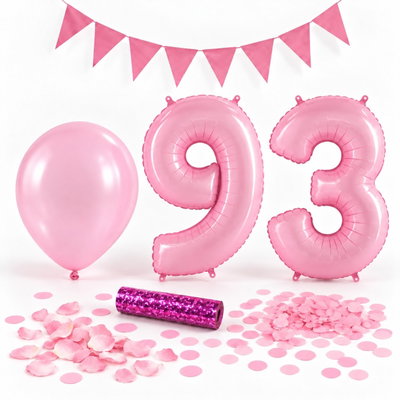 93-års festpaket, Rosa, Stor – paketets dekorationer på vit bakgrund