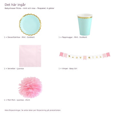 Babyshower flicka – mint och rosa – fikapaket, 6 gäster – innehåll och antal förpackningar