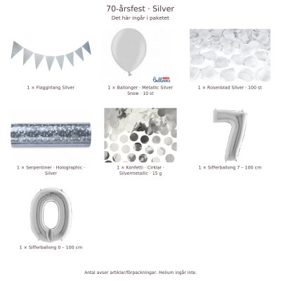 70-års festpaket, Silver, Stor – innehåll och antal förpackningar