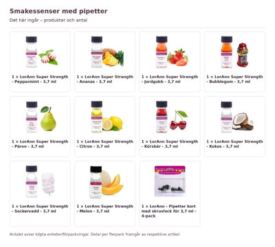 Smakessenser med pipetter – innehåll och antal förpackningar