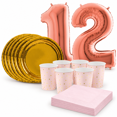 12-årskalas, Rosa och guld, kalaspaket, 6 gäster – samlat paketinnehåll