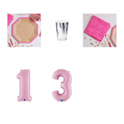 13-årskalas, Neonkalas, kalaspaket, 6 gäster – paketets produkter med sifferballong 100 cm
