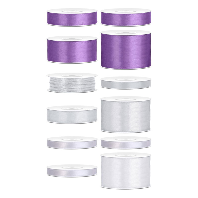 Satinbandspaket – Lavendel och silver – 12 rullar – hela paketet