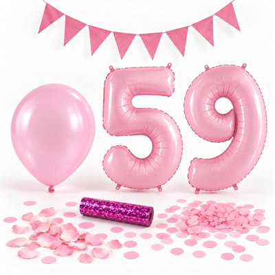 59-års festpaket, Rosa, Stor – paketets dekorationer på vit bakgrund