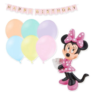 Mimmi Pigg / Minnie Mouse, dekorationspaket med tårtfigur och ballonger – paketets samlade innehåll