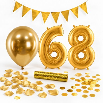68-års festpaket, Guld, Stor – paketets dekorationer på vit bakgrund