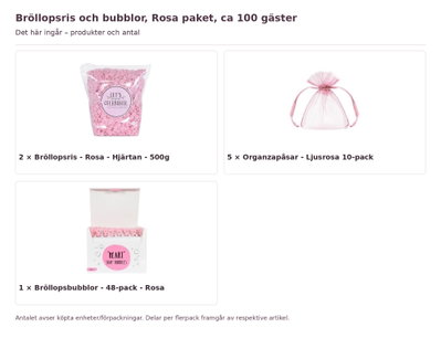 Bröllopsris och bubblor, Rosa paket, ca 100 gäster – innehåll och antal förpackningar