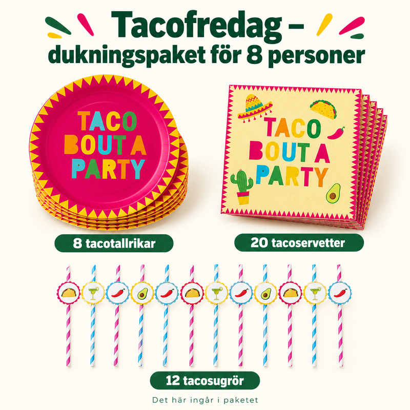 Tacofredag – dukningspaket för 8 personer – innehåll och antal