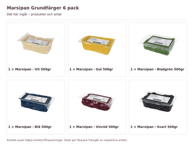 Marsipan Grundfärger 6 pack – innehåll och antal förpackningar