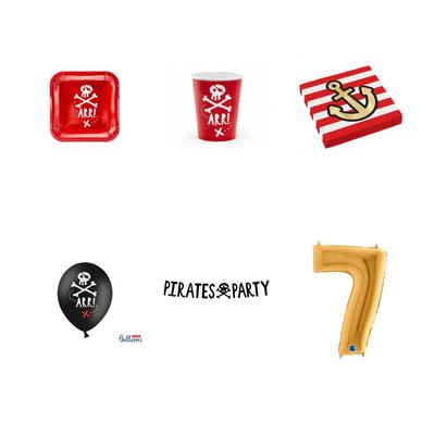 7-årskalas, Piratkalas, kalaspaket, 6 gäster – paketets produkter med sifferballong 100 cm