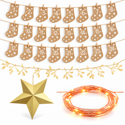 Advent på väggen – 24 jutestrumpor under mistel och stjärnor