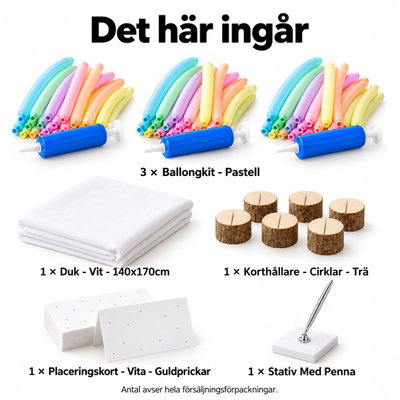 Ballongverkstad för sex vuxna – tre arbetsstationer – innehåll och antal försäljningsförpackningar