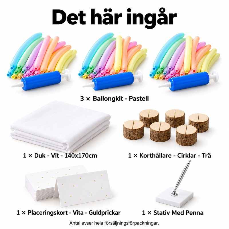 Ballongverkstad för sex vuxna – tre arbetsstationer – innehåll och antal försäljningsförpackningar