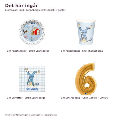 6-årskalas, Emil i Lönneberga, kalaspaket, 8 gäster – innehåll och antal, sifferballong 100 cm