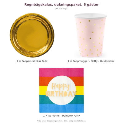 Regnbågskalas, dukningspaket, 6 gäster – innehåll och antal förpackningar