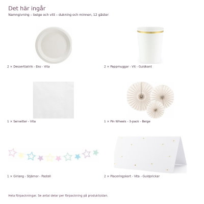 Namngivning – beige och vitt – dukning och minnen, 12 gäster – innehåll och antal förpackningar