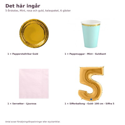 5-årskalas, Mint, rosa och guld, kalaspaket, 6 gäster – innehåll och antal, sifferballong 100 cm