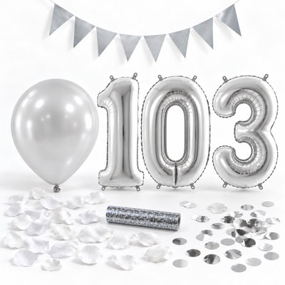 103-års festpaket, Silver, Stor – paketets dekorationer på vit bakgrund