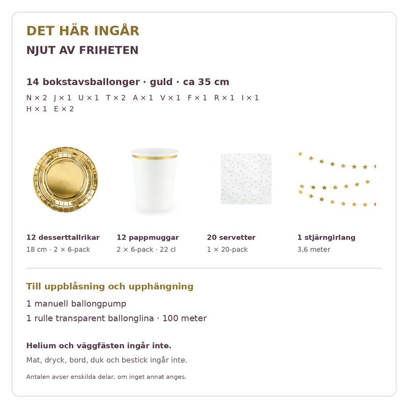 Innehåll och exakta antal – NJUT AV FRIHETEN, 35 cm bokstäver och dukning för 12