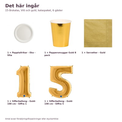 15-årskalas, Vitt och guld, kalaspaket, 6 gäster – innehåll och antal, sifferballong 100 cm