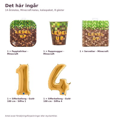 14-årskalas, Minecraft-kalas, kalaspaket, 8 gäster – innehåll och antal, sifferballong 100 cm