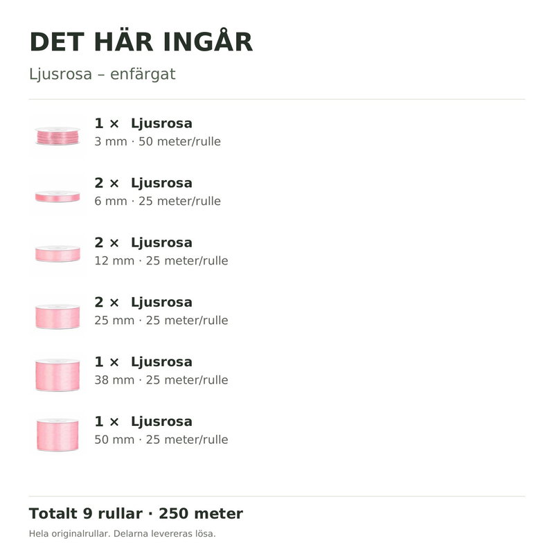 Det här ingår – Satinbandspaket – Ljusrosa – 9 rullar