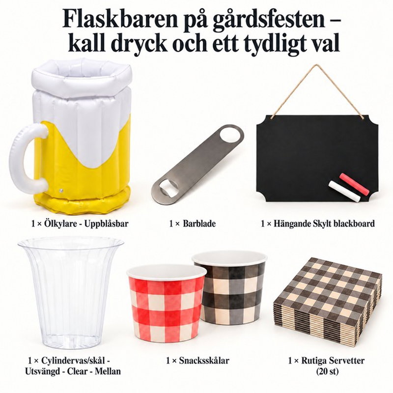 Flaskbaren på gårdsfesten – kall dryck och ett tydligt val – innehåll och antal försäljningsförpackningar