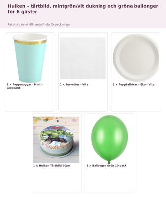 Hulken – tårtbild, mintgrön/vit dukning och gröna ballonger för 6 gäster – innehåll och antal