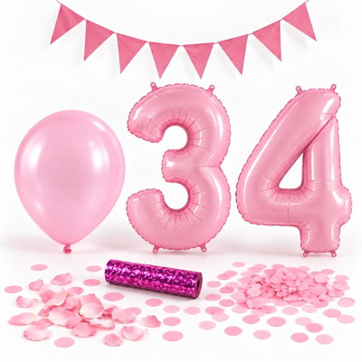 34-års festpaket, Rosa, Stor – paketets dekorationer på vit bakgrund