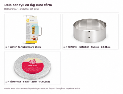 Innehåll och antal: Dela och fyll en låg rund tårta