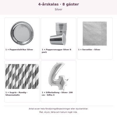 4-årskalas, Silver, kalaspaket, 8 gäster – innehåll och antal förpackningar