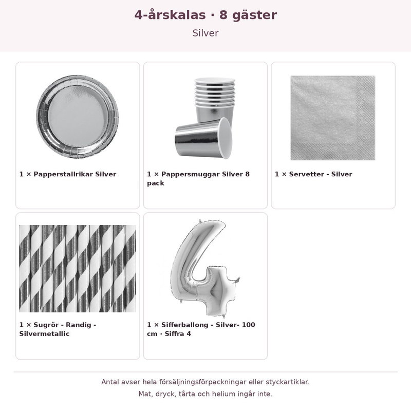 4-årskalas, Silver, kalaspaket, 8 gäster – innehåll och antal förpackningar
