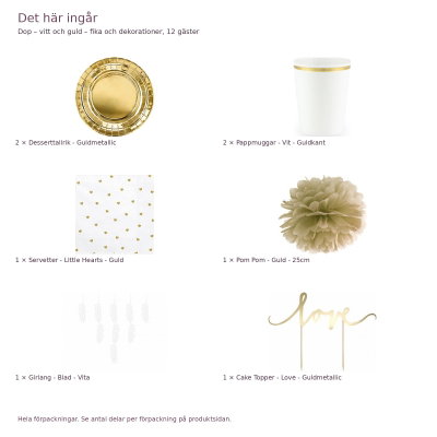 Dop – vitt och guld – fika och dekorationer, 12 gäster – innehåll och antal förpackningar