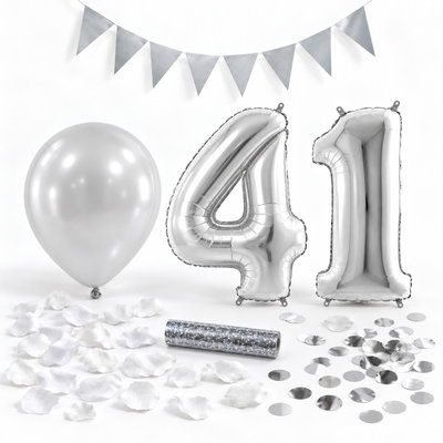 41-års festpaket, Silver, Stor – paketets dekorationer på vit bakgrund