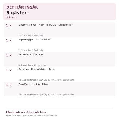 Dop pojke – blå moln – fikadukning, 6 gäster – innehåll och antal