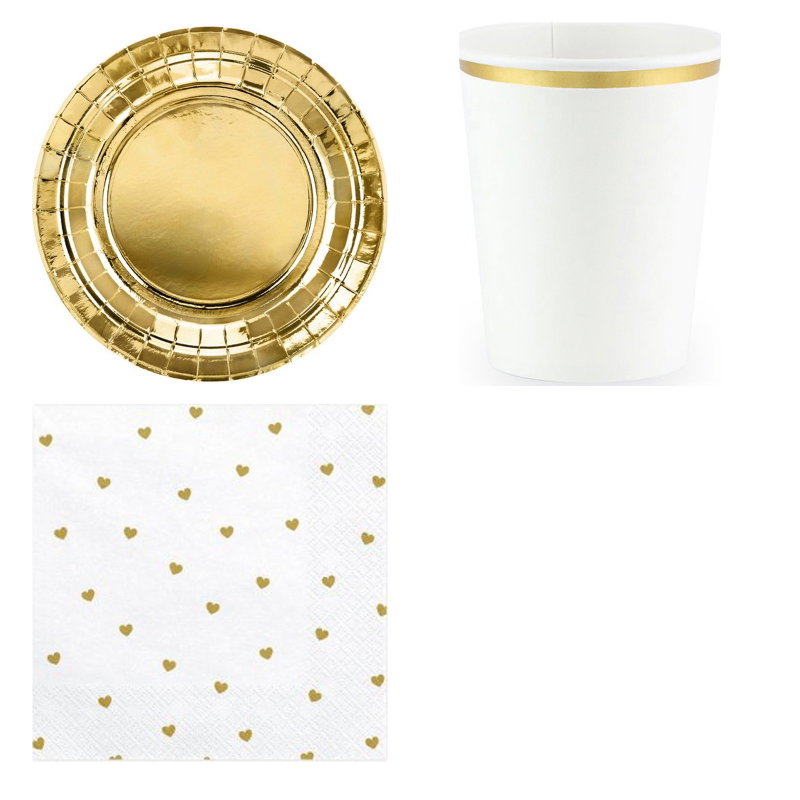 Påfyllnadspaket – guld och vitt – dukning för 6 extra gäster – paketets produkter