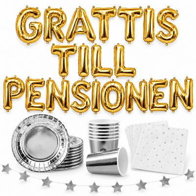 GRATTIS TILL PENSIONEN, 35 cm guld bokstavsballonger med silver dukning