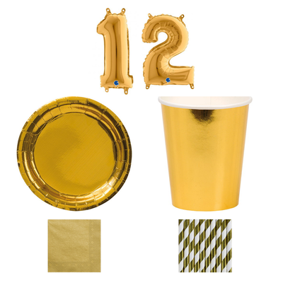 12-årskalas, Guld, kalaspaket, 8 gäster – sammansatt bild av paketets produkter