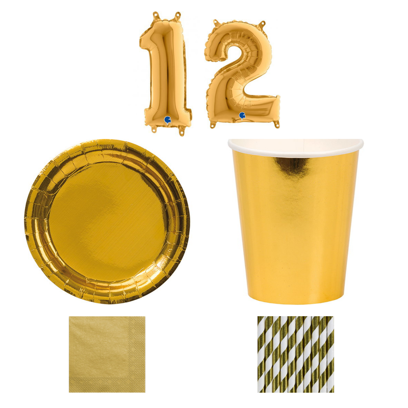 12-årskalas, Guld, kalaspaket, 8 gäster – sammansatt bild av paketets produkter