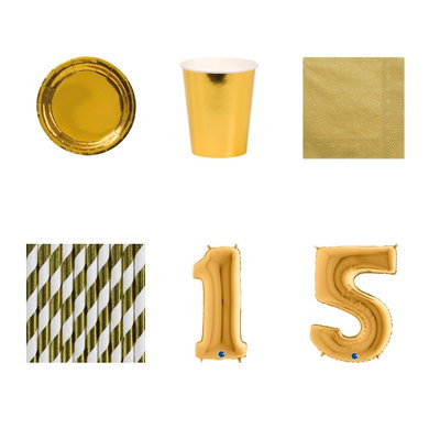 15-årskalas, Guld, kalaspaket, 8 gäster – paketets produkter med sifferballong 100 cm