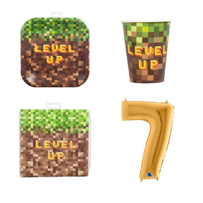 7-årskalas, Minecraft-kalas, kalaspaket, 8 gäster – paketets produkter med sifferballong 100 cm